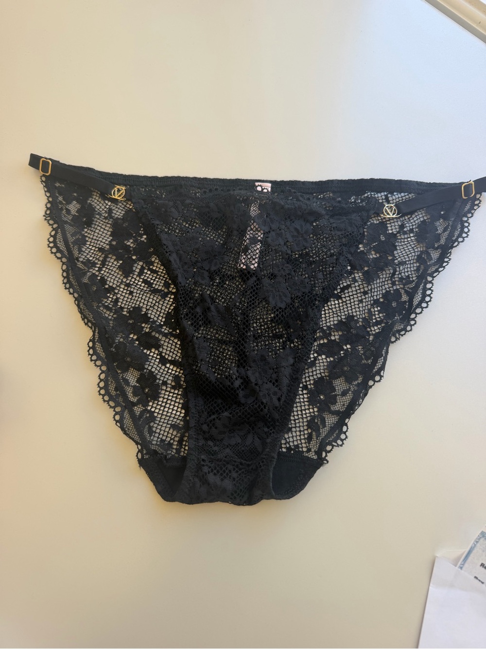 Victoria's Secret Black Floral Lace Bikini Panty with Gold Accents NWT Size XL